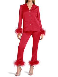 Women's Silk Satin Pajama Set Feather Trim Bridal Long Sleeve Lounge Sets | Feather Trimmed Pjs with Pocketed,