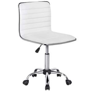 Yaheetech White Armless Vanity Desk Chair with Wheels, Ribbed PU Leather | Cushioned faux leather low-back sea