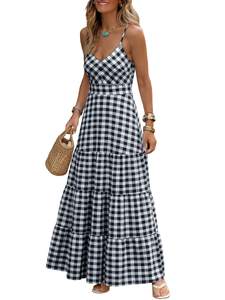 Caracilia Women's Gingham Striped Smocked Maxi Dress | Spaghetti Strap,Pockets,V Neck A-Line ,Checkered Plaid,