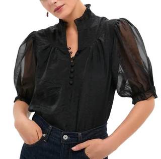 VAOYIU Selena Tshirts for Women Ruffle Collar Puff Sleeve Button Front Blouse Pure Color Elegant Top Blackgauz