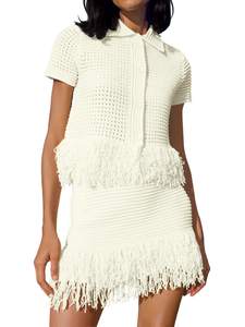Fisoew Womens 2 Piece Outfits Crochet Short Sleeve Button Knit Sweater Tops and Fringe Skirt Vacation Sets