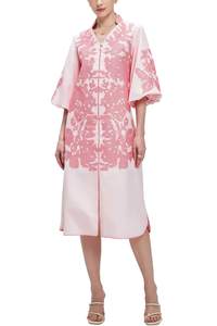 D-Sun Women Floral Embroidered Mid Dress 3/4 Sleeves Casual V-Neck Spring Summer Tunic Loose Zip Party Dress w