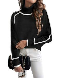 EVALESS Sweaters for Women Fall Winter Cozy Turtleneck Sweater | High Neck Color Block Long Sleeve Knit Pullov