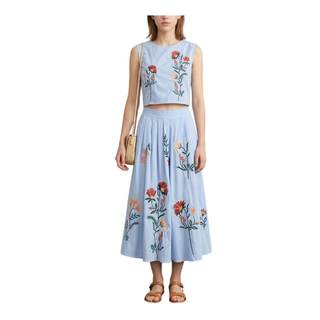 Two Piece Skirt Set for Women Floral Embroidered Detail Midi Skirt and Sleeveless Top Bohemian Long Skirts Dre