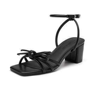 XMWEALTHY Women's Chunky Block Bow Heels Square Open Toe Comfortable Bridal Wedding Heels Ankle Strap Dressy H