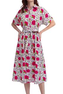 Womens Summer Floral Maxi Dress Short Sleeve V Neck Button Belt Casual Long Flowy Shirt Dress Rose Small