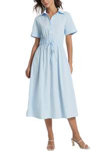 Ladyful Women Casual Button Down Short Sleeve Shirt Dress Tie Waist Midi Shirt Dress Elegant Business Party Sm