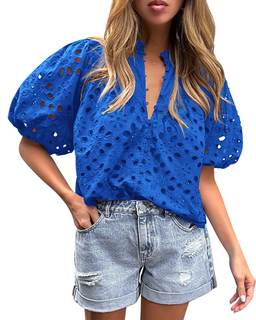 PRETTYGARDEN Womens Tops Boho Eyelet Puff Sleeve Blouse | Hollow Out Embroideried Cotton Shirts, Button Front,
