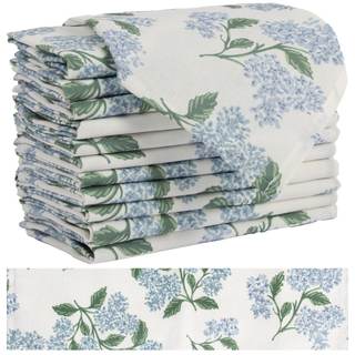 Sage Green Hydrangea Cloth Napkins Set of 12,Blue and White Vintage Floral Dinner Napkins Natural Linen Cotton