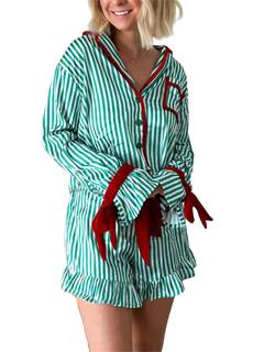 Alyweatry Women Christmas 2 Piece Pajama Set Cute Print Long Sleeve Button Down Shirt Elastic Shorts Holiday S