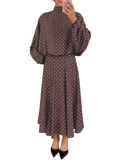 Wenrine Womens 2 Piece Outfits Polka Dots Elegant Tie Fall Maxi Skirt Sets | polka dots,tie bow,long sleeve,st