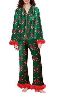 KMBANGI Women Feather Trim Pajama Set Long Sleeve Button Up Top Pants 2Piece Lounge Set Satin Pj Santa Holiday
