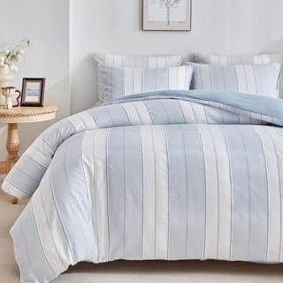 WARMDERN Blue Striped Boho Duvet Cover Set Queen Size, Knit Weave, 3-Piece | Textured Tufted Bedding Set, Hidd