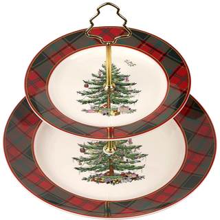 Spode Christmas Tree Tartan 2-Tiered Server, Holiday Cupcake Stand, Dessert Display Set, Earthenware Serving P