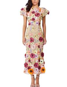 Women's 3D Floral Embroidery Dress Ruffle Sleeve Fishtail Lace Bodycon Party Cocktail Mini Dress