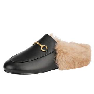 Arqa Fur Mules for Women Comfortable Leather Buckle Mule Flats Furry Padded Backless Loafers Casual Slides Sho