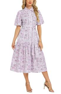 Ladyful Women's Floral Midi Dress Puff Short Sleeve Long Cotton Shirt Dress | Collared, Button Down, Tie Waist