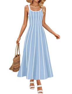 ZESICA Womens Summer Sleeveless Striped Vacation Midi Dress | A-Line, Ribbed Knit, Swing Flowy Dress, Casual L
