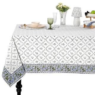 Ridhi Powder Blue Hand Block Print Cotton Rectangle Tablecloth 90" x 60" inches Reusable Table Cover Decorativ