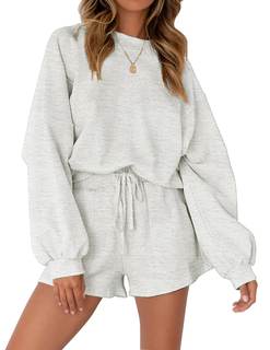 MEROKEETY Lounge Sets for Women Casual Top and Shorts 2 Piece Outfits | Oversized Batwing Long Sleeve Pullover