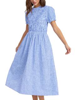 Women Summer Dress Puff Short Sleeve Plaid Flowy Boho Beach Dress Gingham Smocked Vacation Midi Sundress Blue 